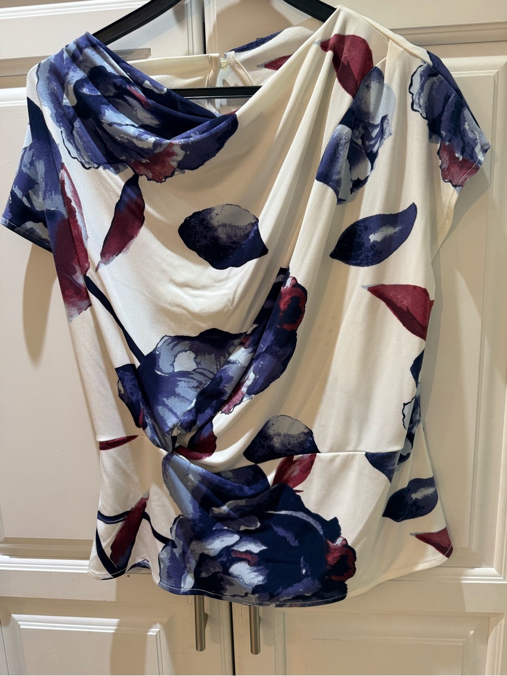 Draped Floral Print Women’s Top - Cream with Navy & Burgundy S